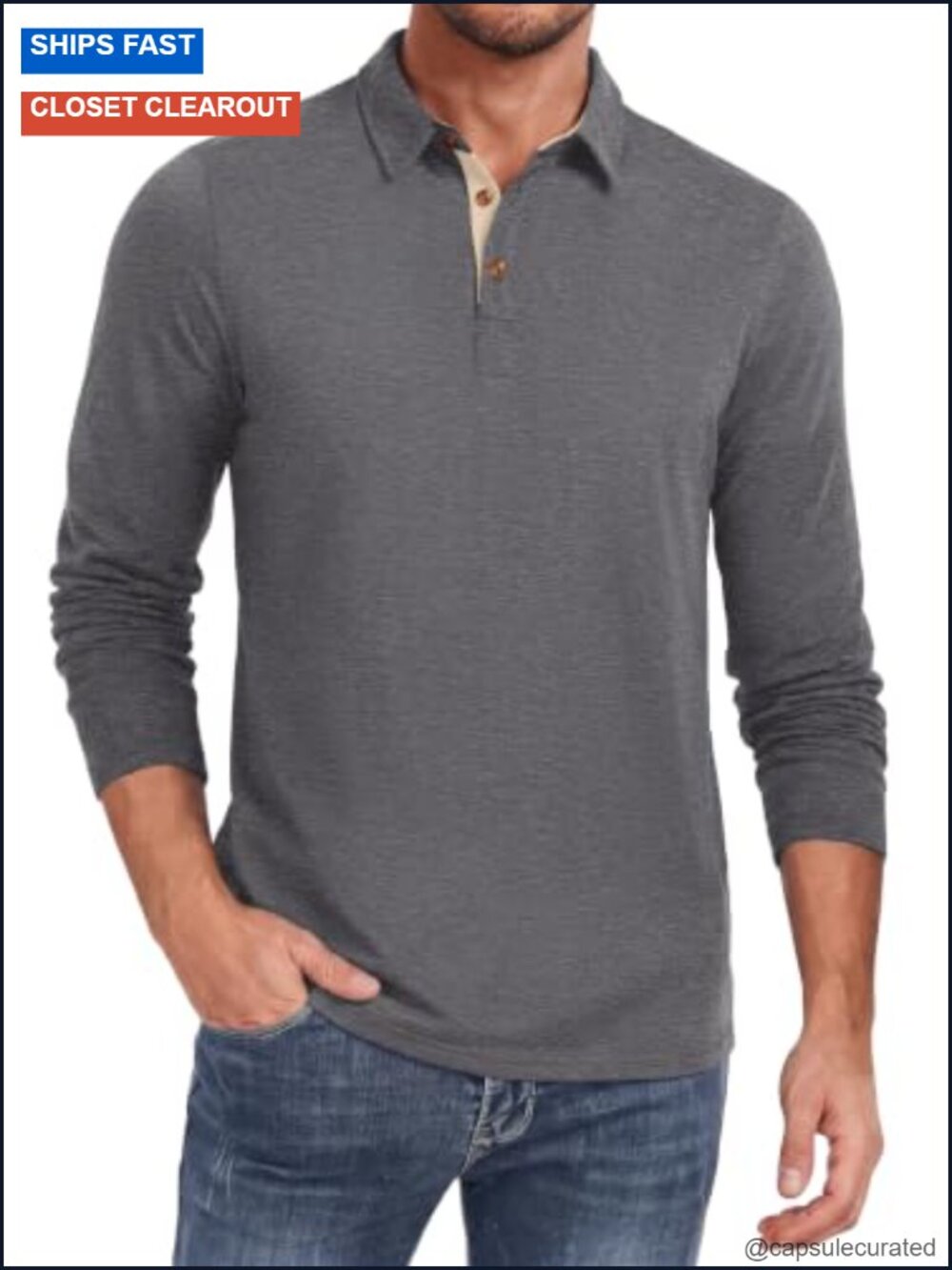 Men's Long Sleeve Polo Shirt Classic Button Collared Casual Stretch Knit